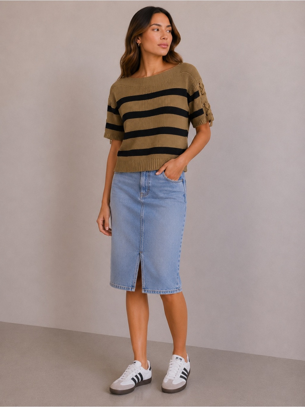 Ralph Lauren 100% Cotton-sz M-Olive & Black Striped Short Sleeve Sweater